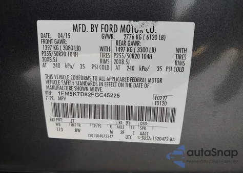 2015 Ford Explorer Xlt from USA, damaged, VIN 1FM5K7D82FGC45225
